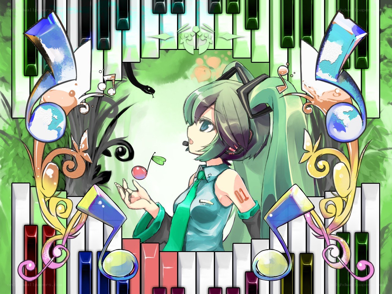 Miku on a piano keyboard