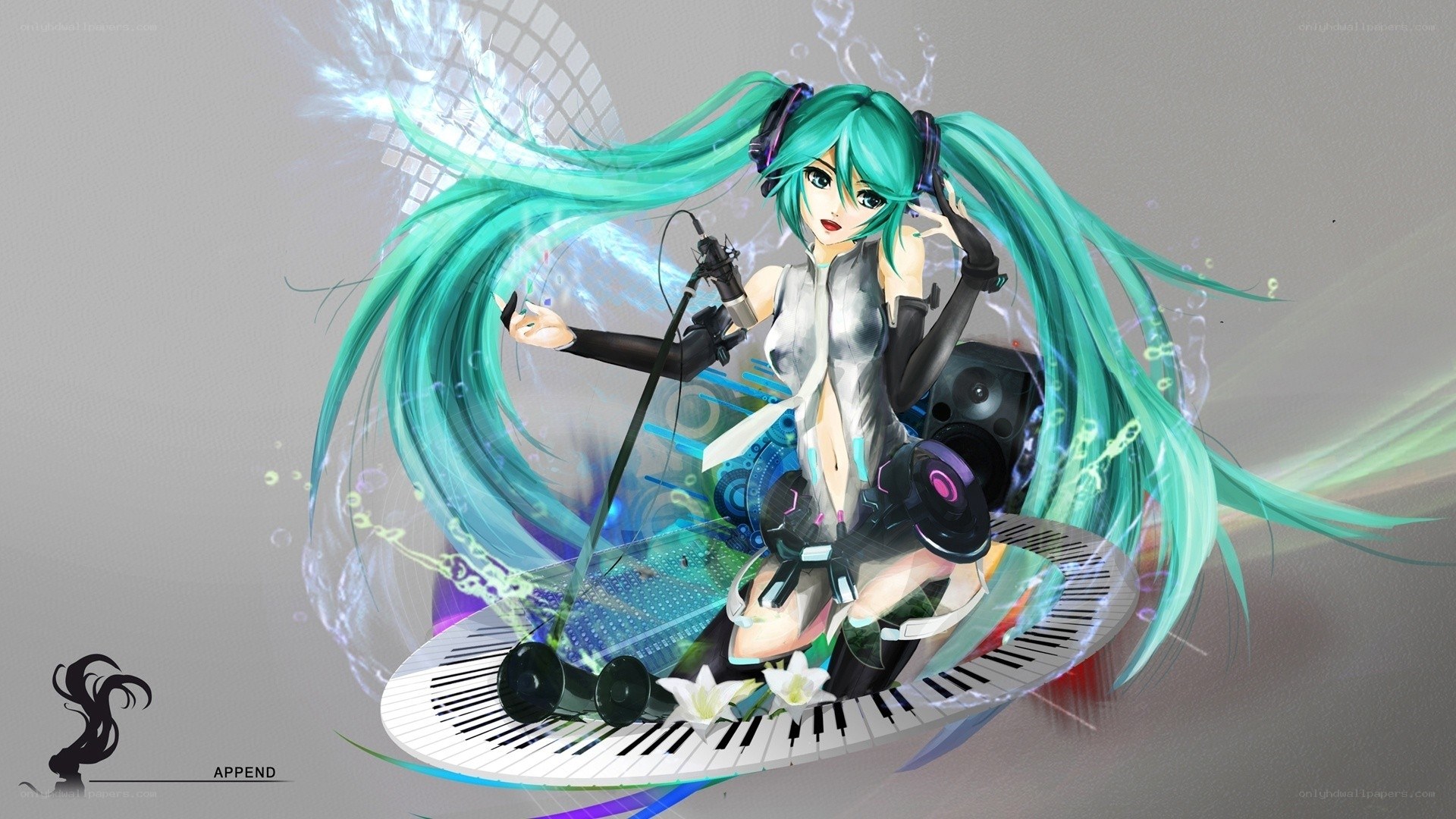 Miku on a piano keyboard
