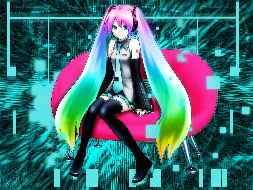Miku on a pink chair