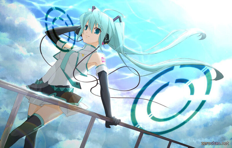 Miku on a rail in the sky
