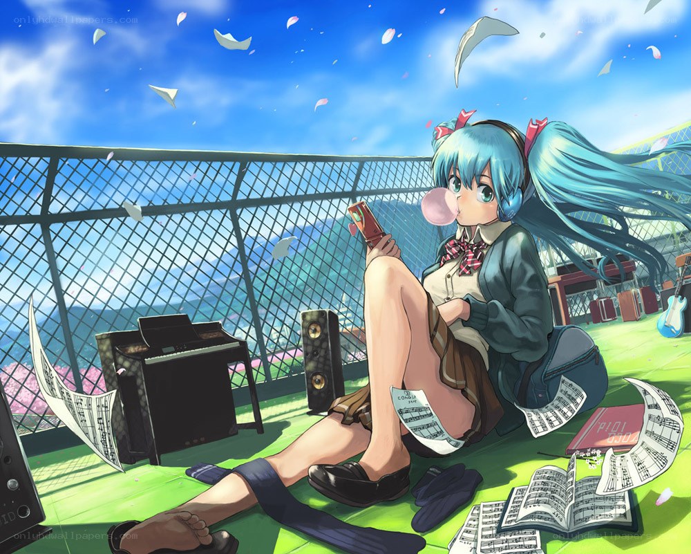 Miku on a rooftop with music