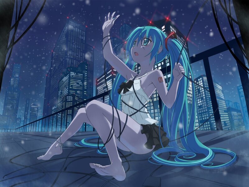 Miku on a snowy rooftop