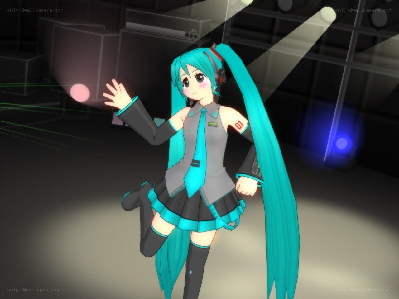 Miku on a stage waving