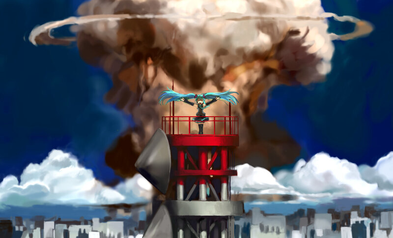 Miku on a tower with explosion