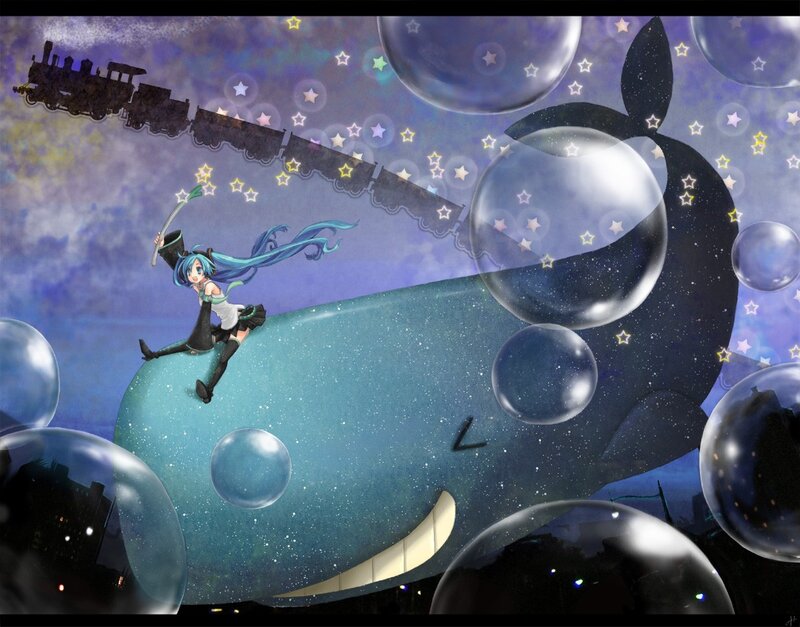 Miku on a whale with bubbles