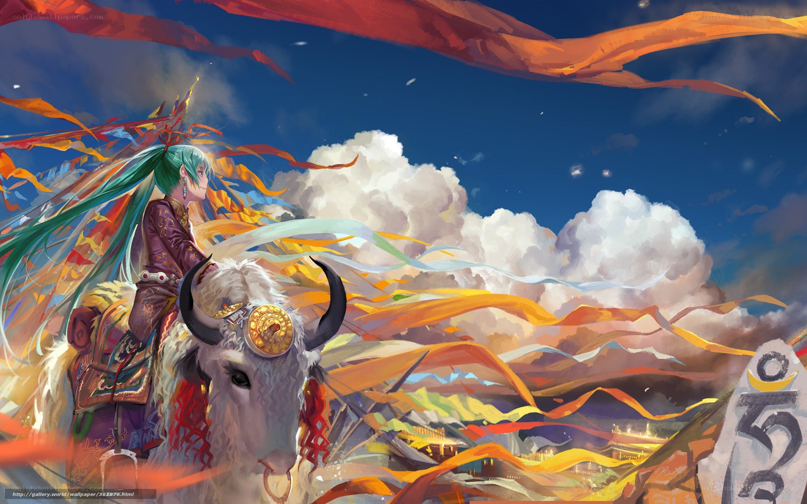 Miku on a yak with prayer flags