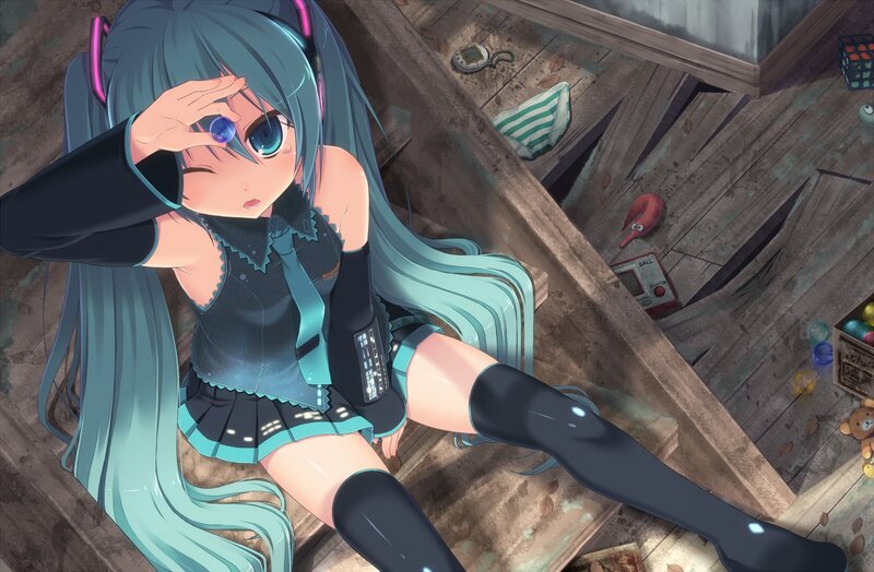 Miku on wooden stairs