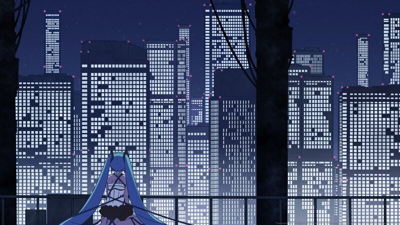Miku overlooking a city at night