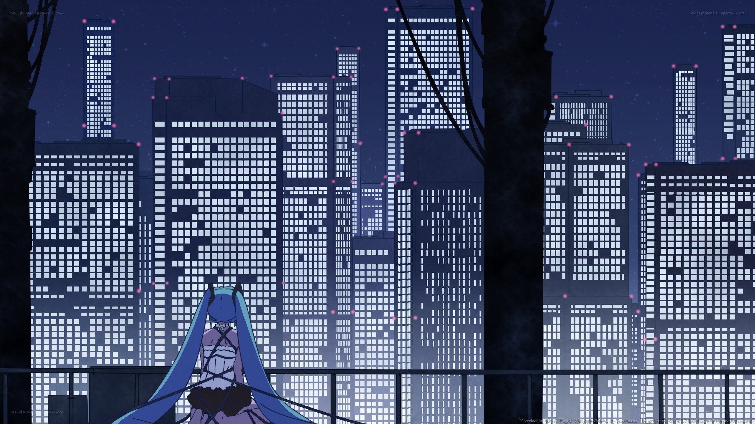 Miku overlooking a city at night