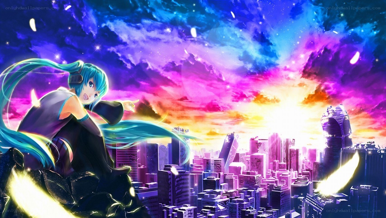 Miku overlooking a vibrant city