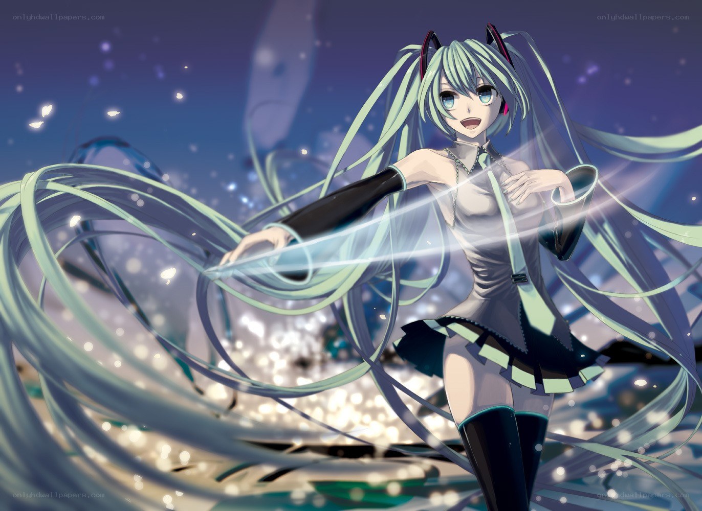 Miku performing with glowing ribbons