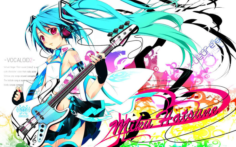Miku playing bass guitar