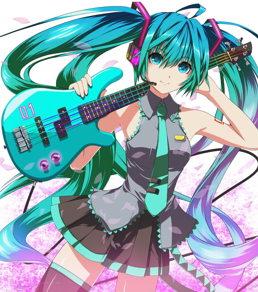 Miku playing bass guitar