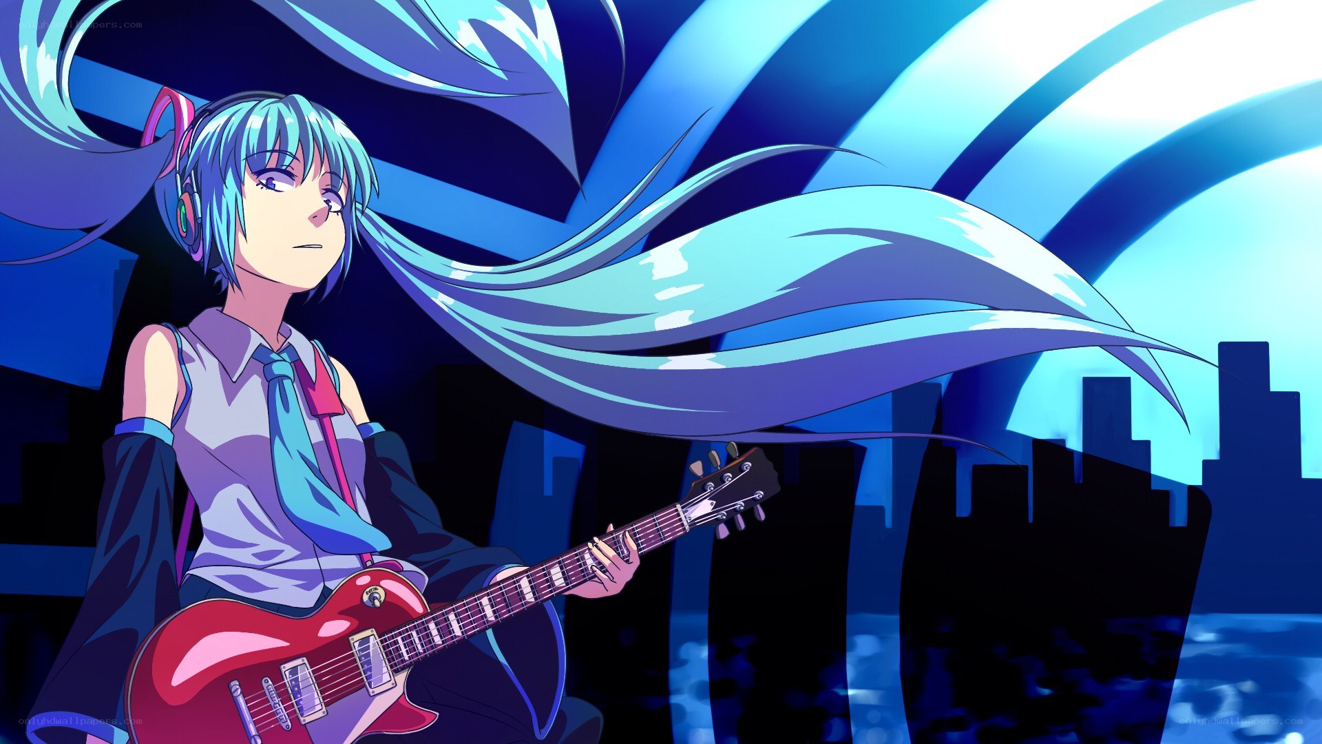 Miku playing guitar at night