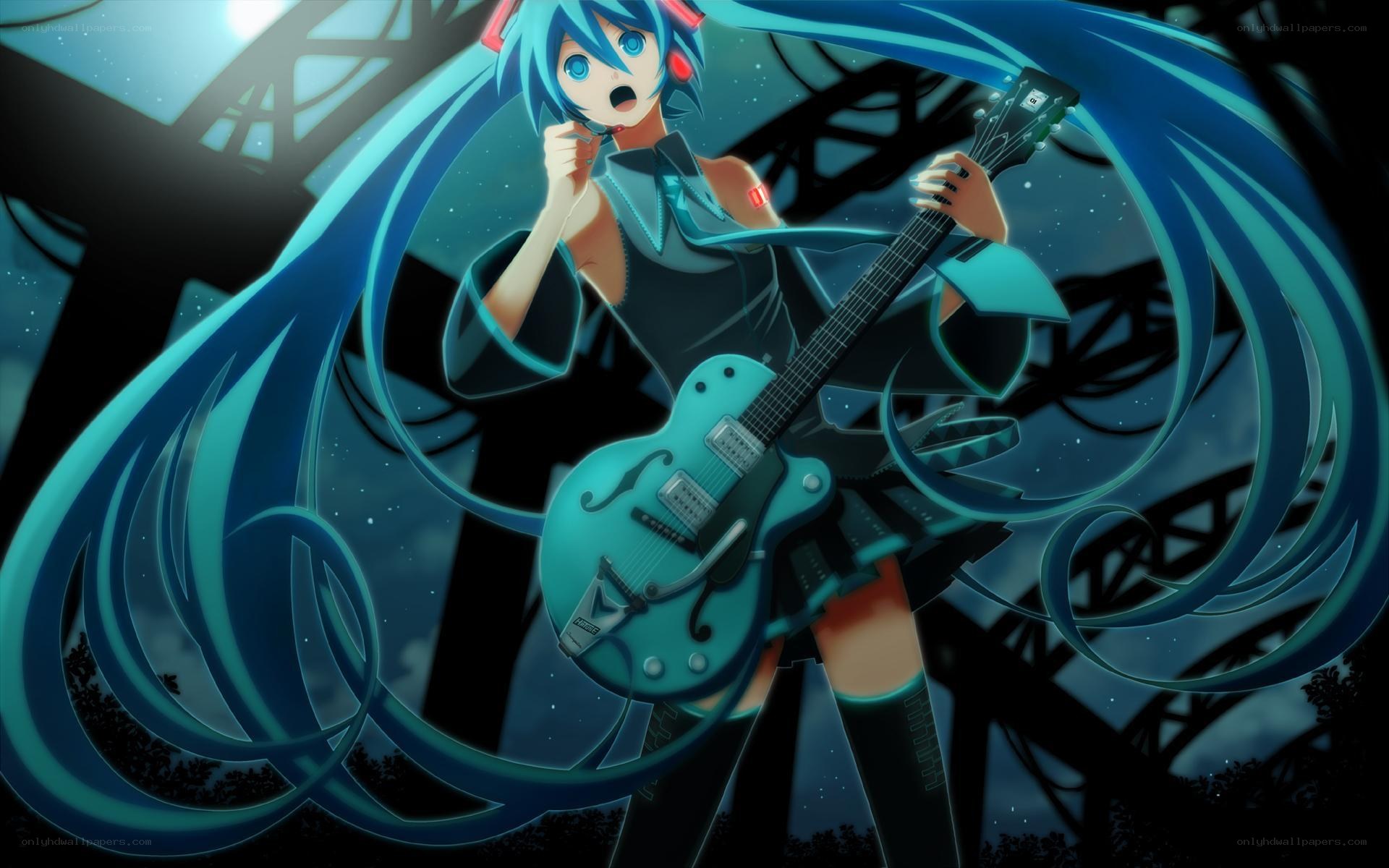 Miku playing guitar at night
