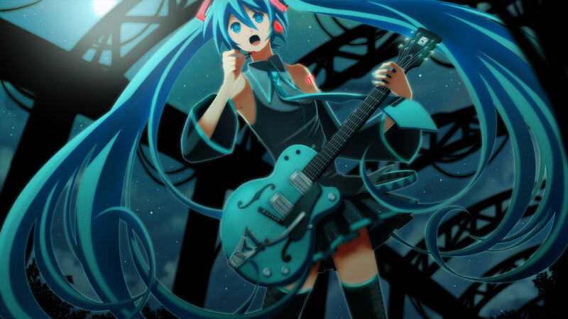 Miku playing guitar at night