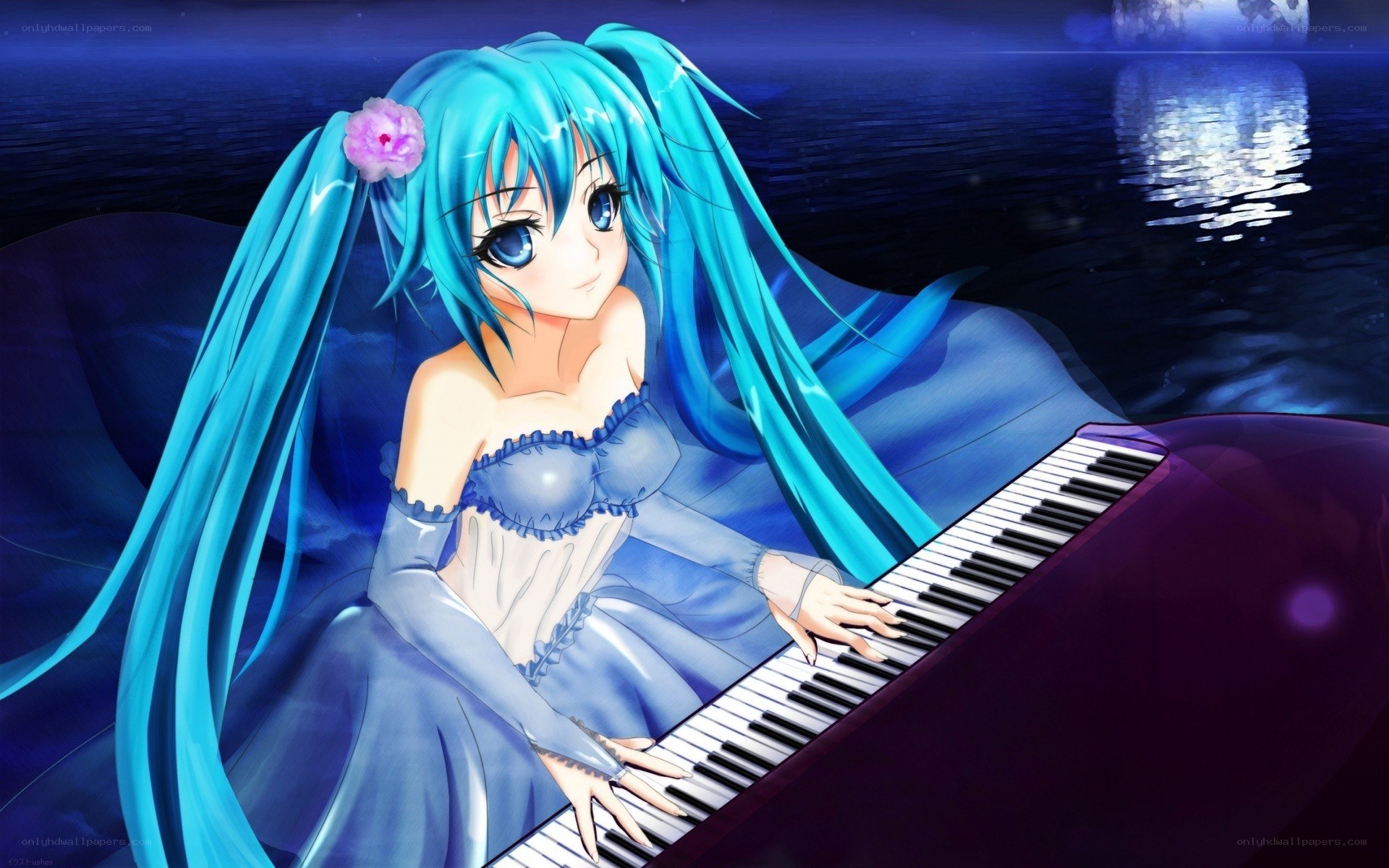 Miku playing piano at night