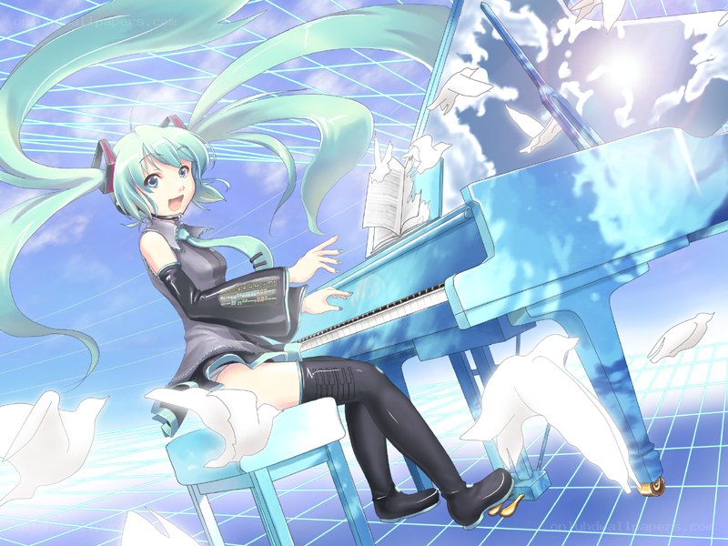 Miku playing piano in sky