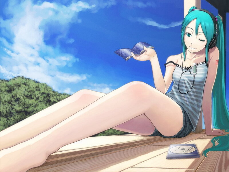 Miku reading on a deck