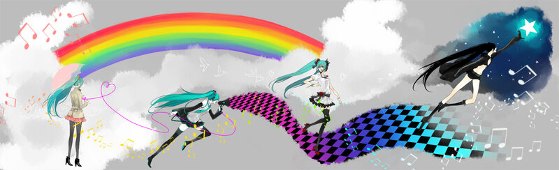 Miku running through rainbow