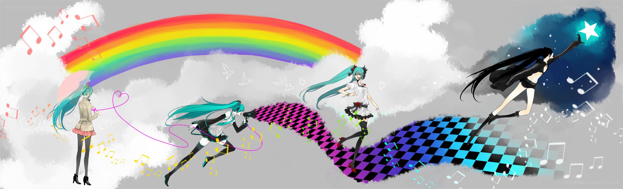 Miku running through rainbow