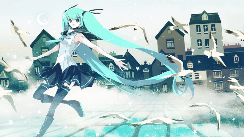 Miku running with seagulls
