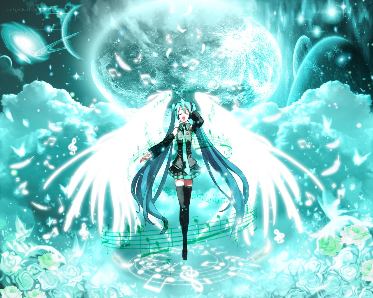 Miku singing in a dreamy sky