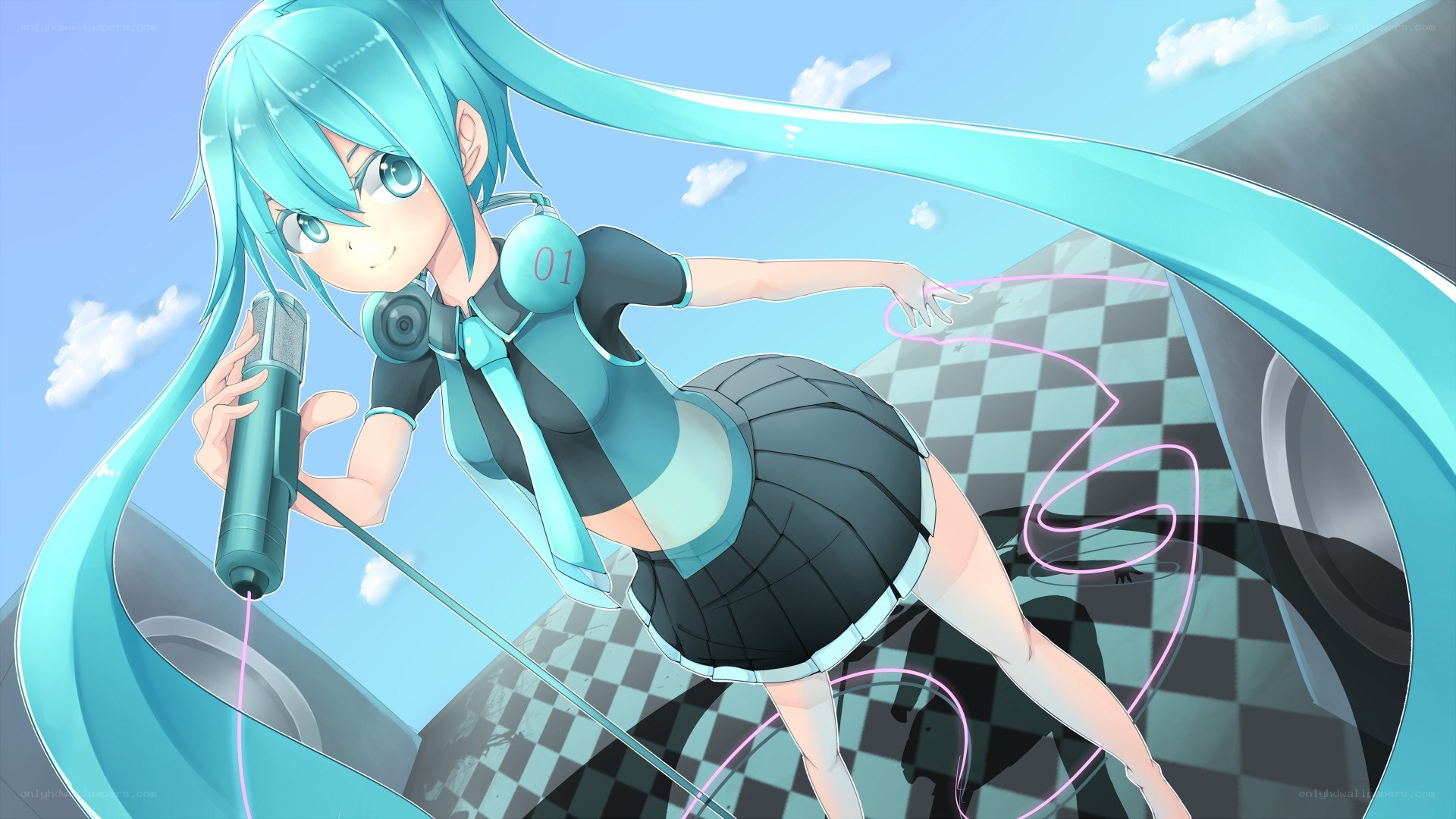 Miku singing on a checkered stage