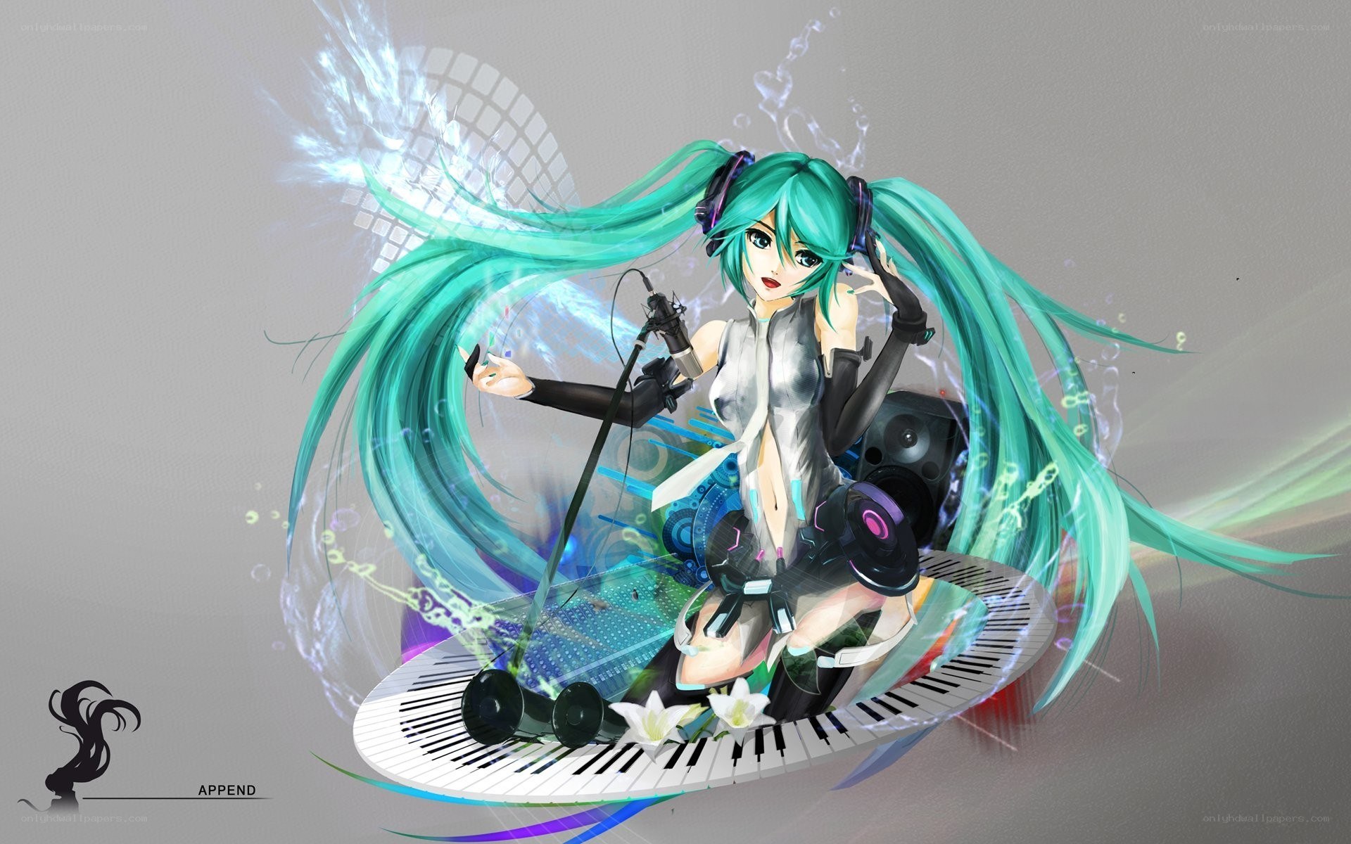 Miku singing on piano keys