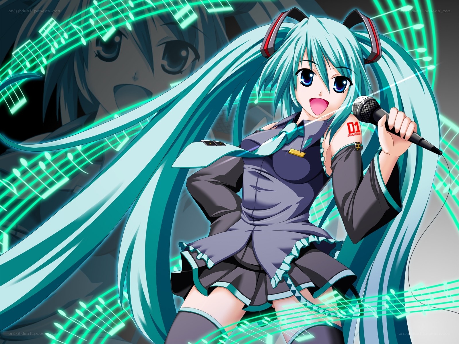 Miku singing with music notes