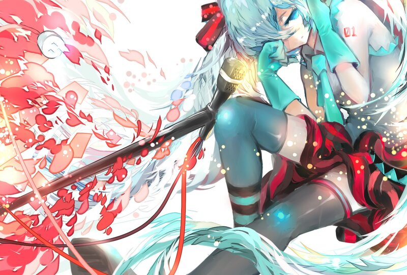Miku singing with red petals