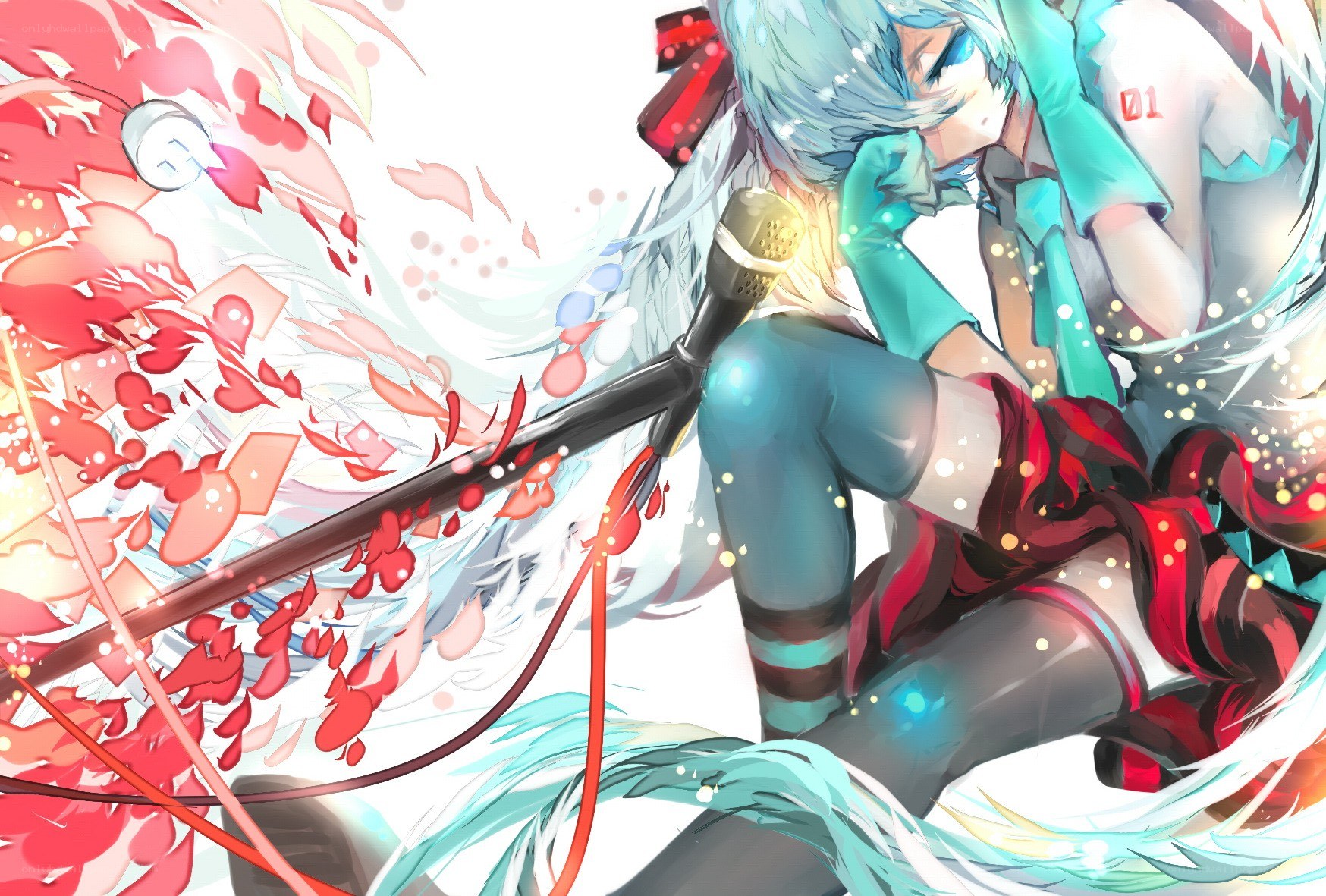 Miku singing with red petals
