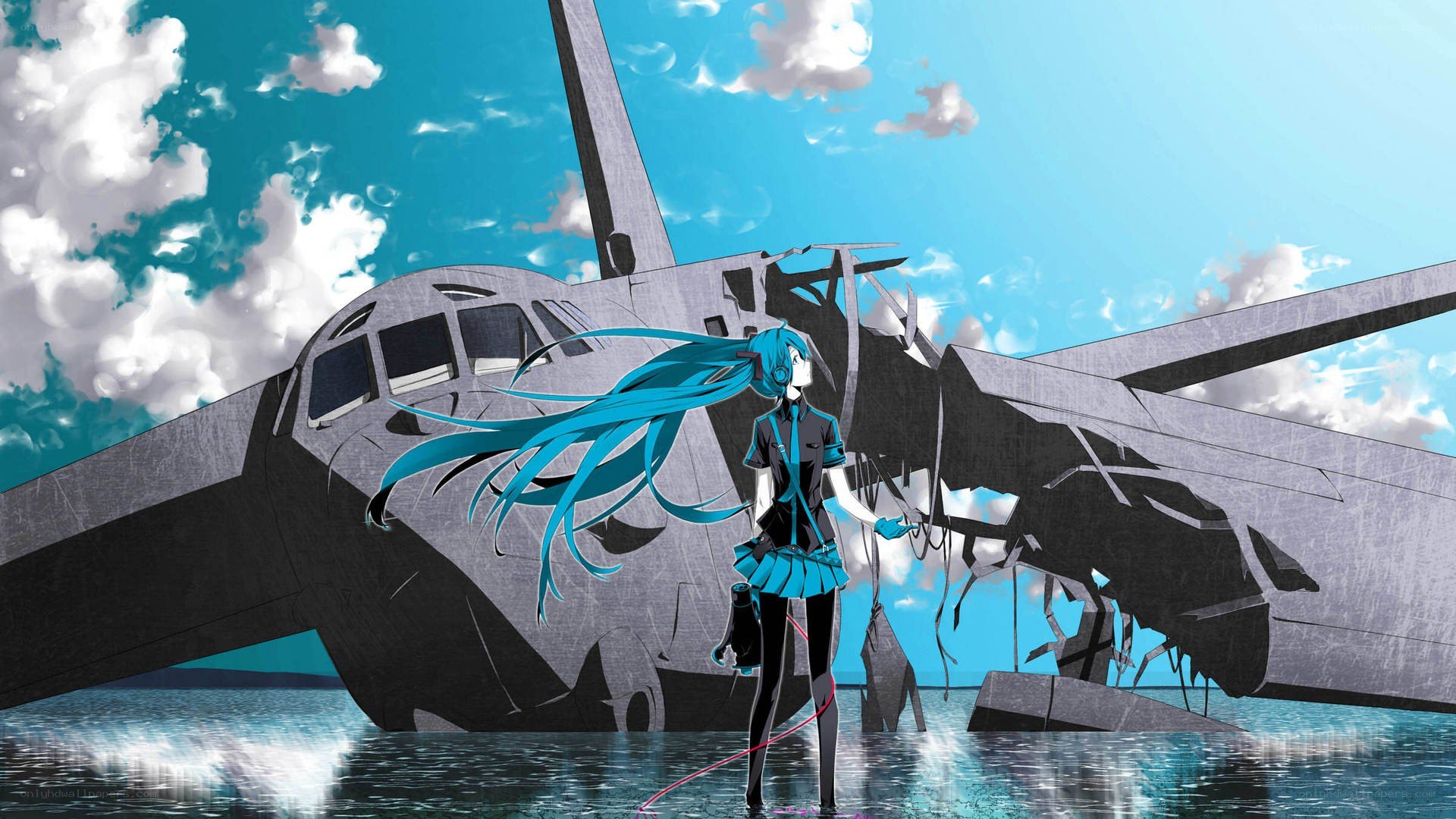 Miku stands by a crashed plane