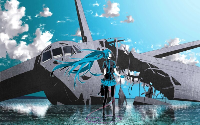 Miku stands by a crashed plane