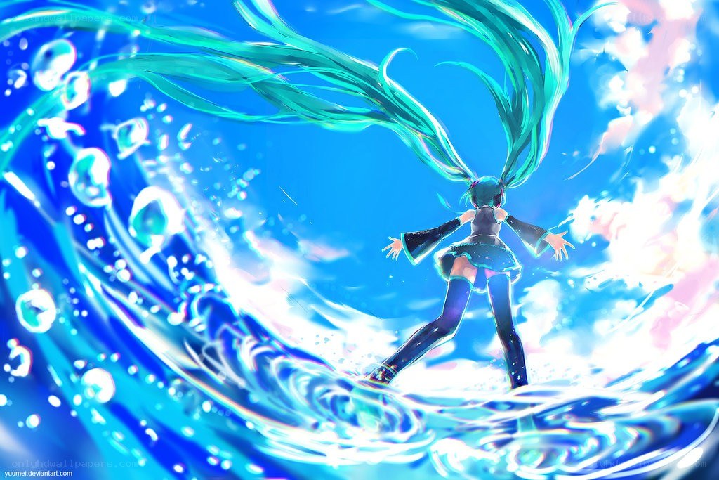 Miku surfing a water wave