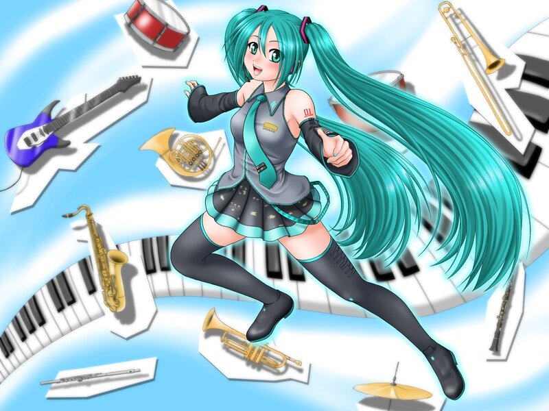 Miku surrounded by instruments