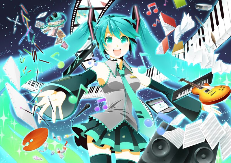 Miku surrounded by music and art