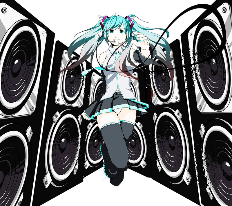 Miku surrounded by speakers