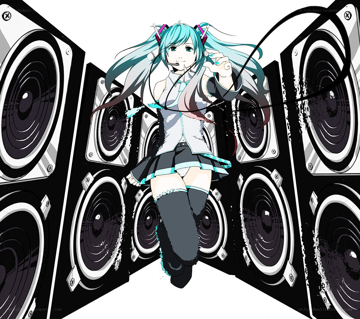 Miku surrounded by speakers