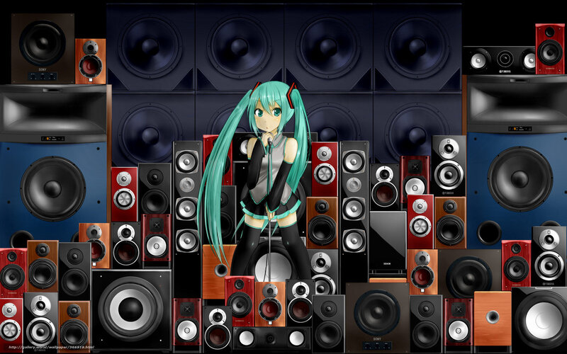 Miku surrounded by speakers