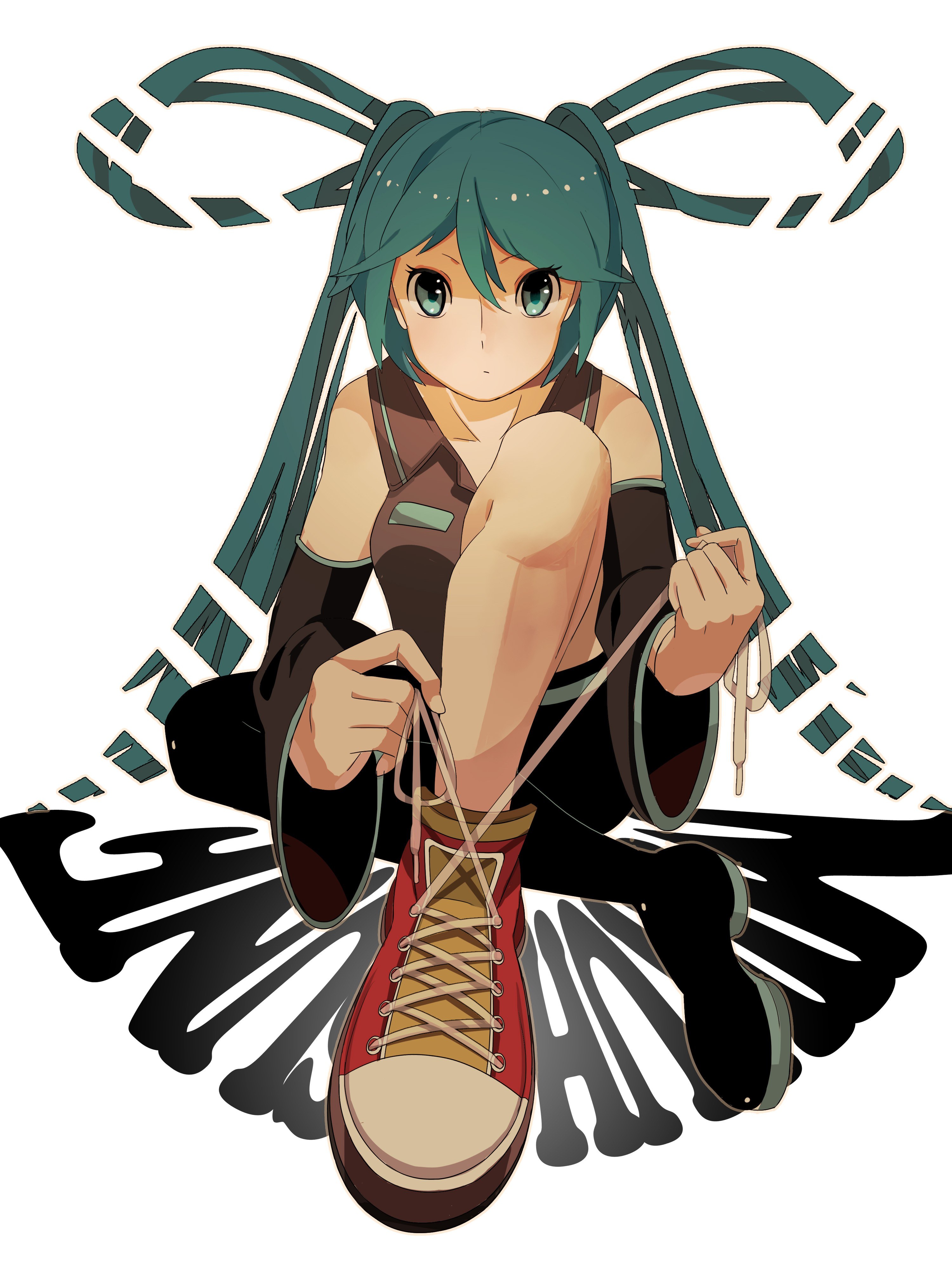 Miku tying her shoelaces