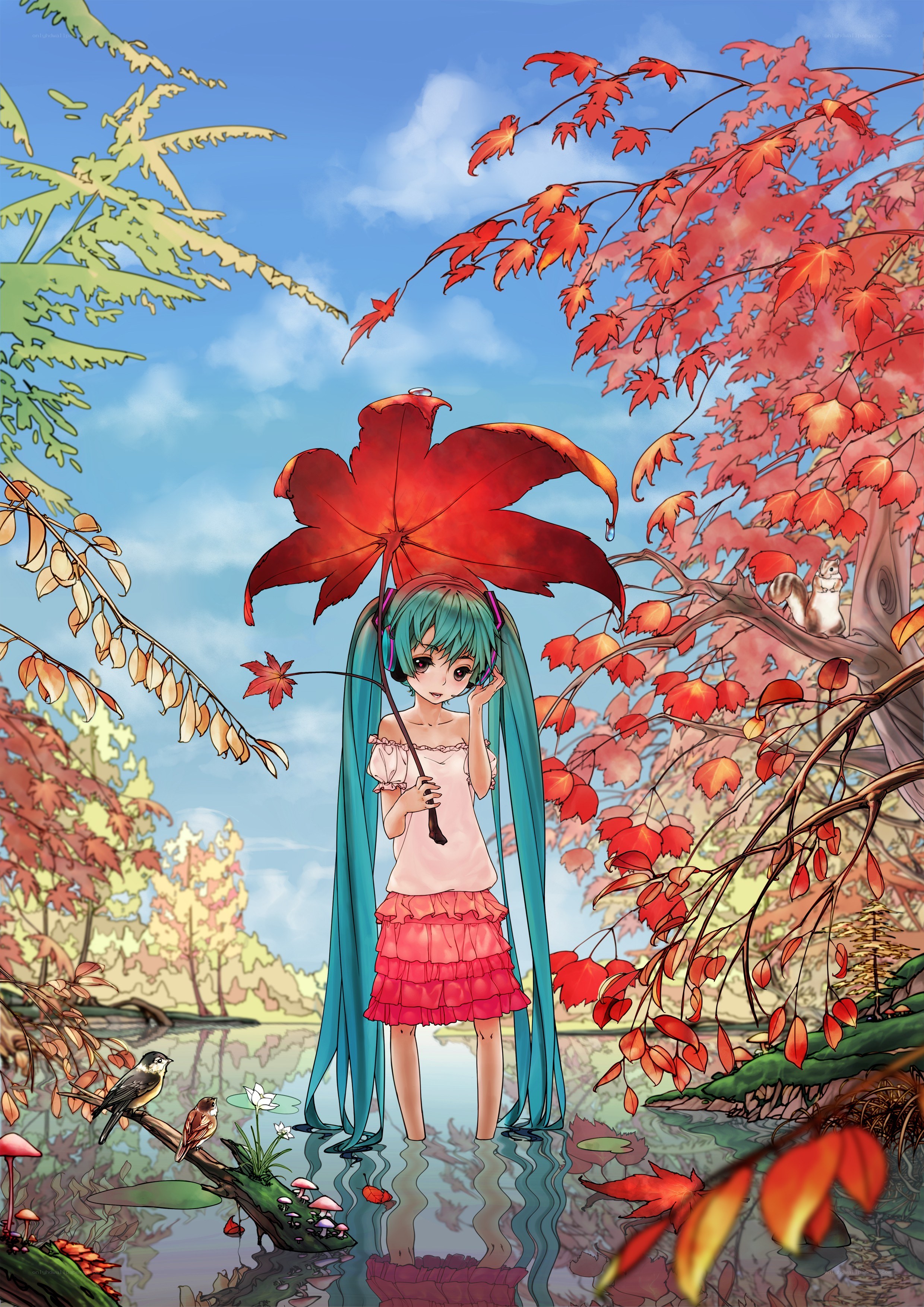Miku under a maple leaf umbrella