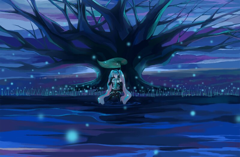 Miku under a tree at night
