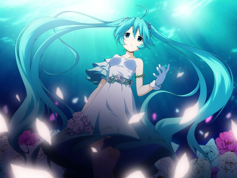 Miku underwater in a white dress