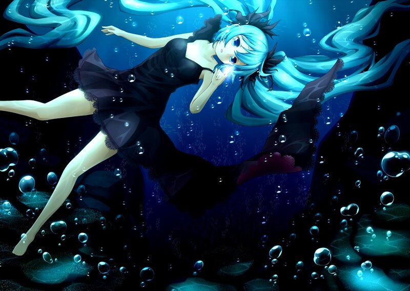 Miku underwater in black dress