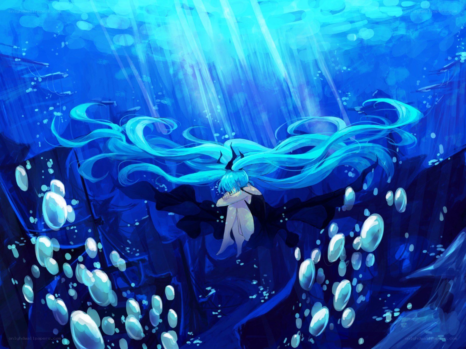 Miku underwater in blue light