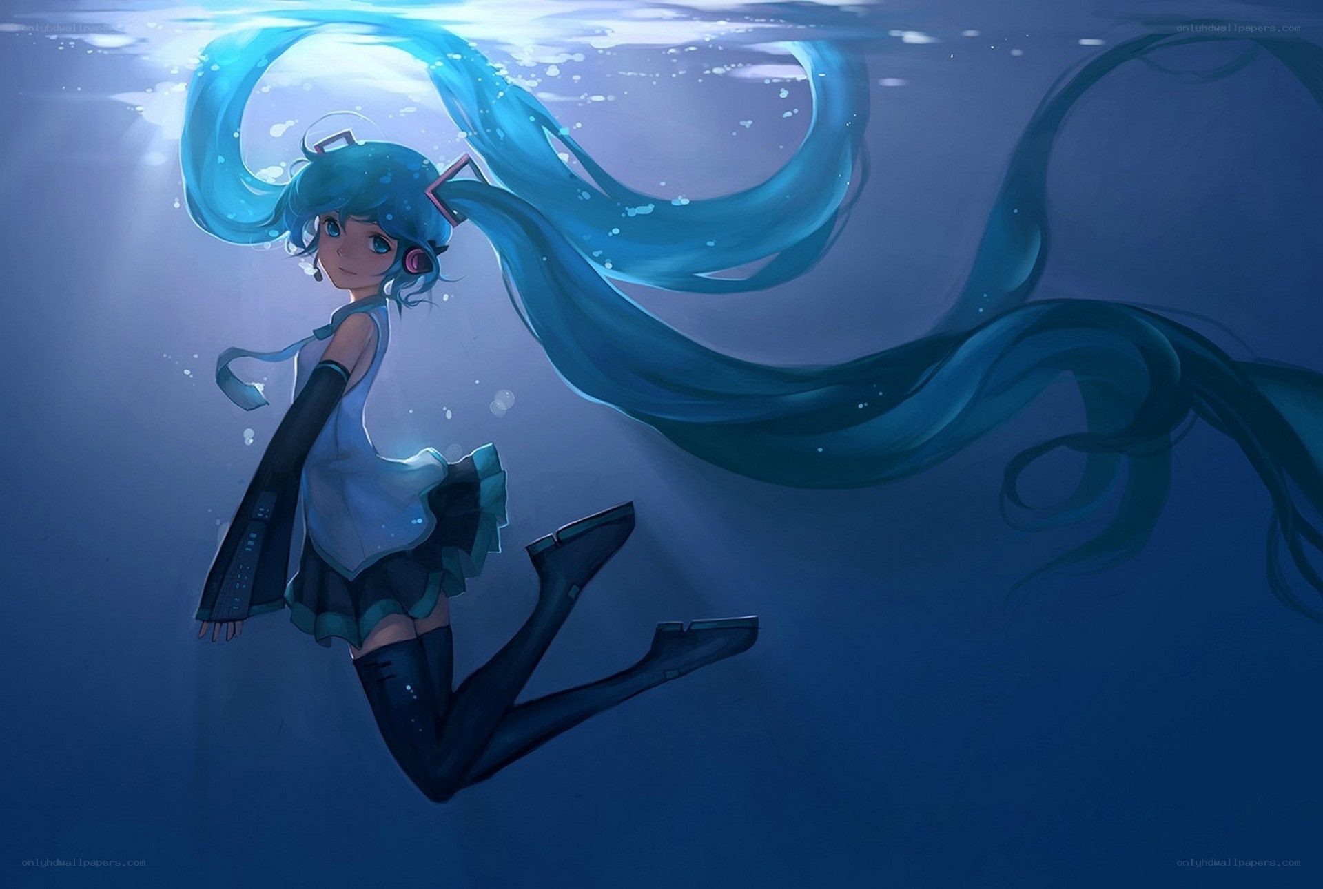 Miku underwater in blue light