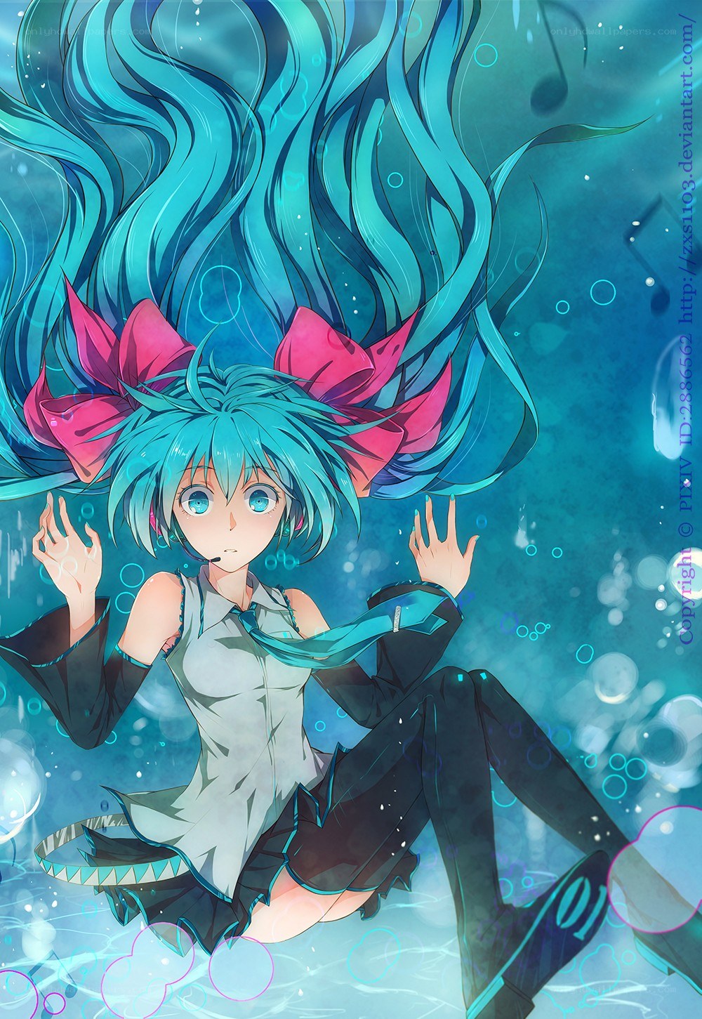 Miku underwater with bubbles