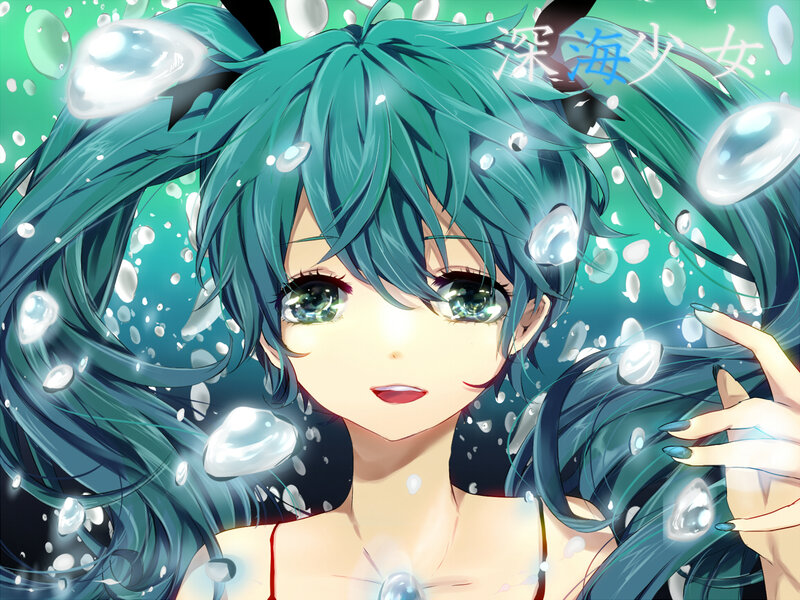 Miku underwater with bubbles
