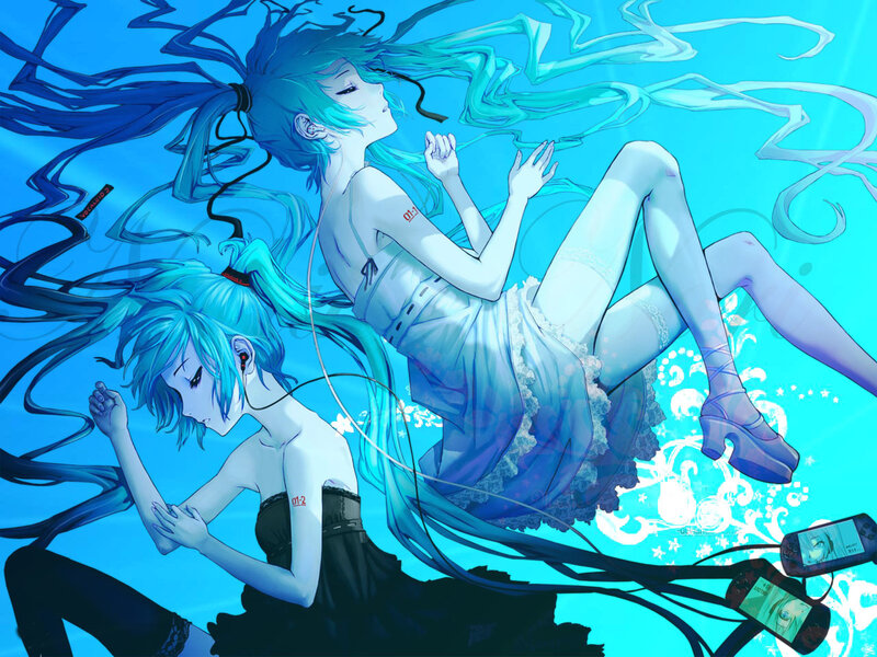 Miku underwater with earbuds